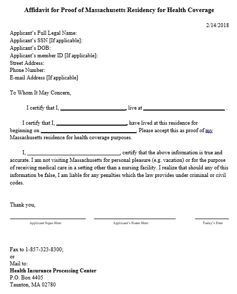 affidavit for proof of massachusetts residency for health coverage