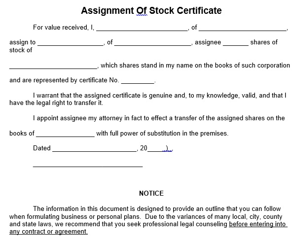 sample assignment of stock