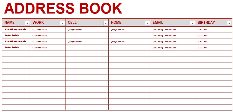 Excel Address Book Template Free Download