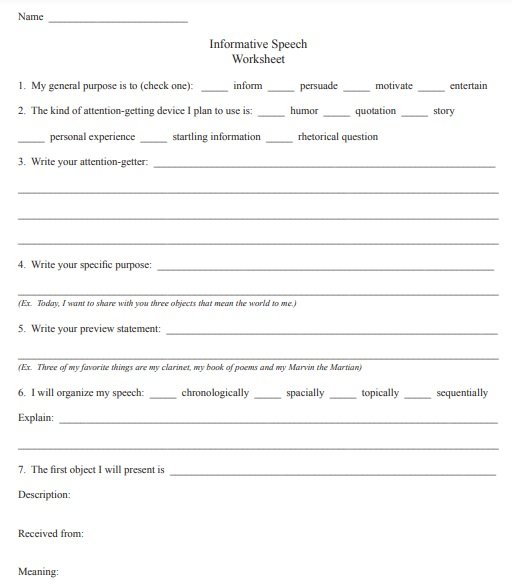 informative speech worksheet