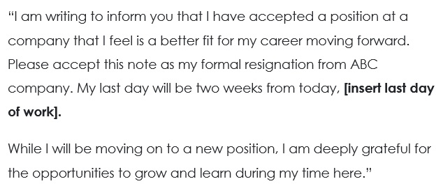 resignation letter due to better opportunity