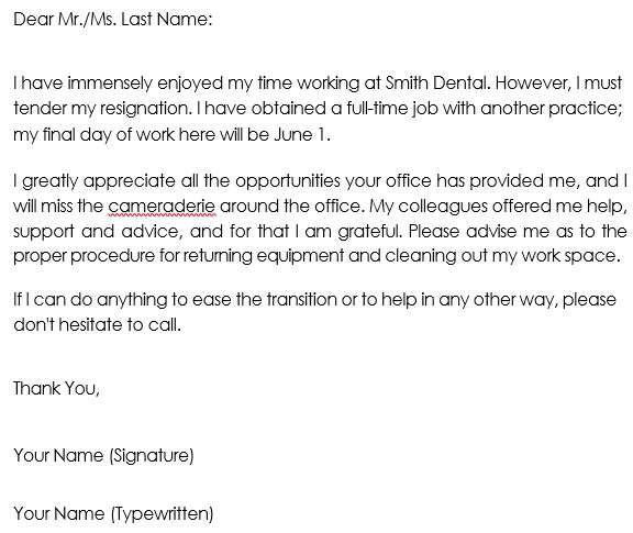 resignation letter template for part time job