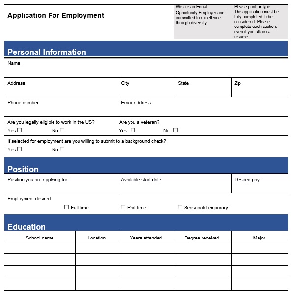 Employment Application Excel Template