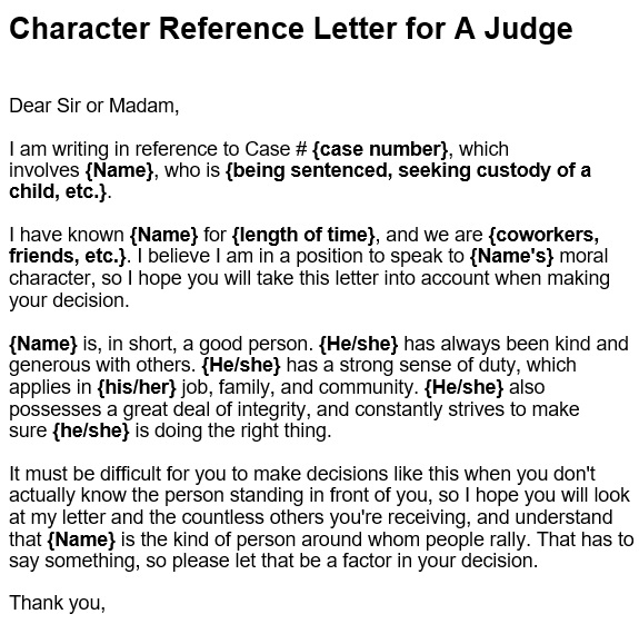 character reference letter for a judge