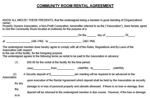 community room rental agreement template