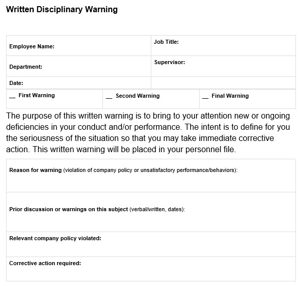 disciplinary written warning template