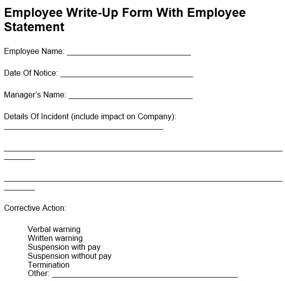employee write up form with employee statement