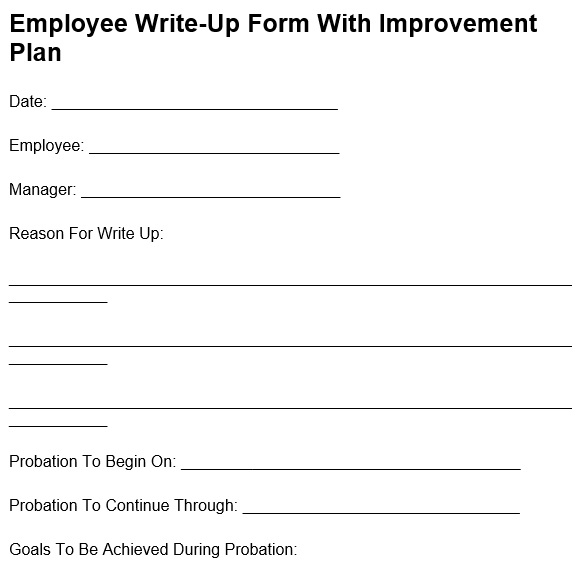 employee write up form with improvement plan