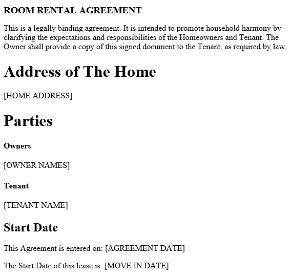 free room rental agreement template 1