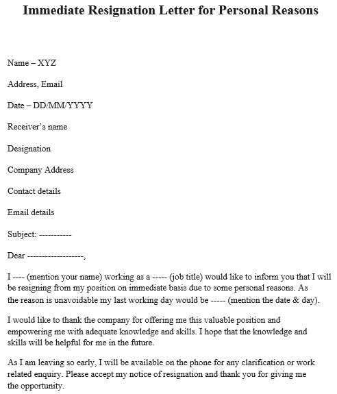 immediate resignation letter example