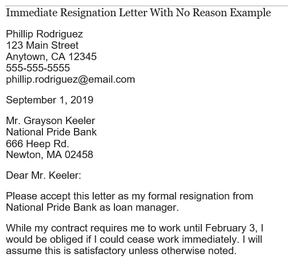 immediate resignation letter with no reason example