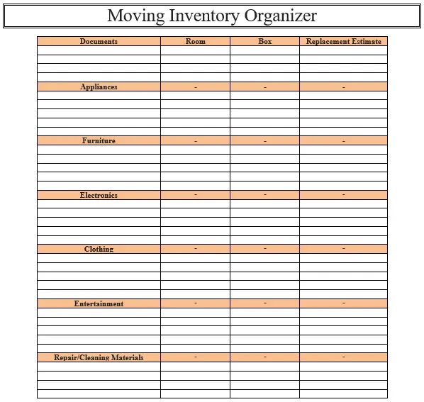 moving company movers inventory sheet