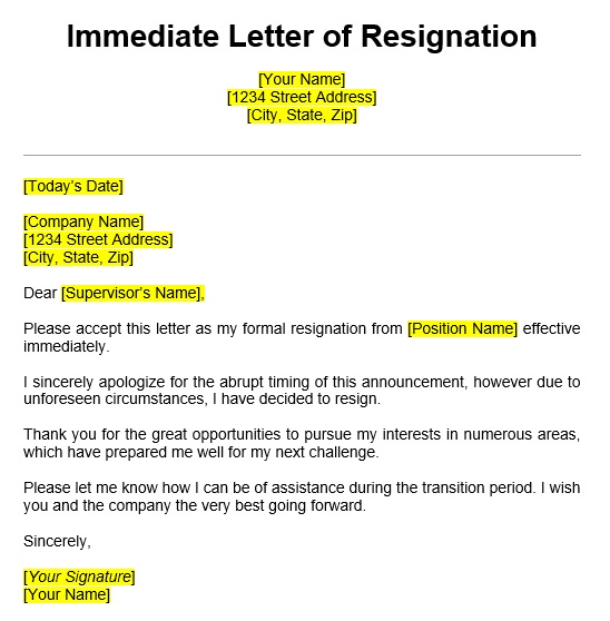 Free Immediate Resignation Letter [Examples & Samples]