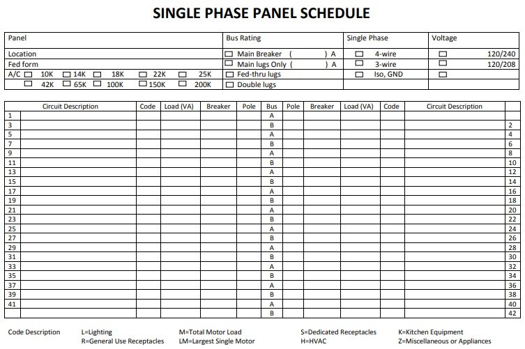 single phase electrical panel schedule template