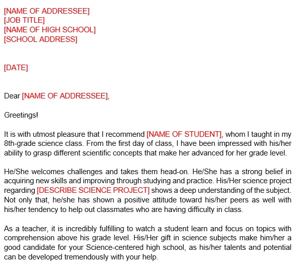 printable high school recommendation letter 2