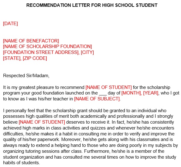recommendation letter for high school student