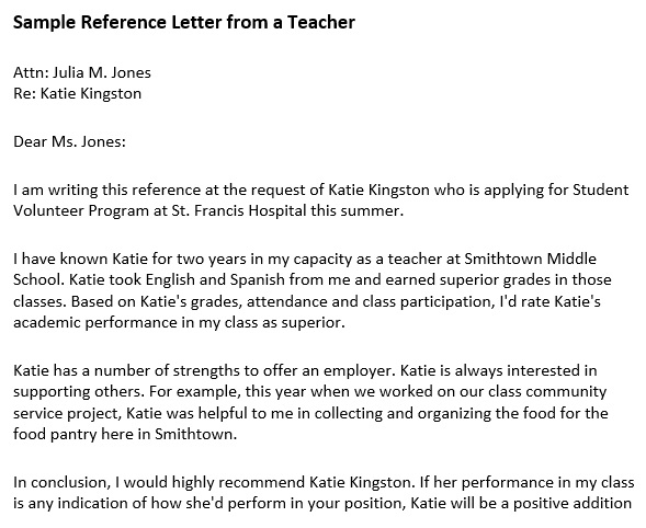 sample reference letter from a teacher