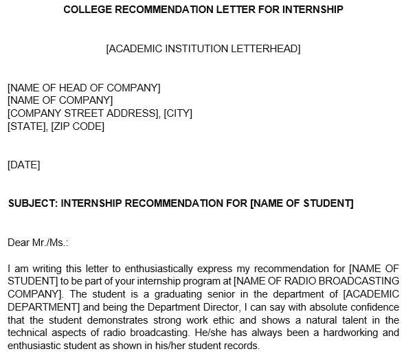 college recommendation letter for internship
