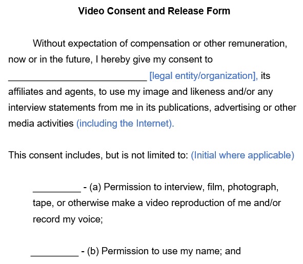 free printable video consent release form
