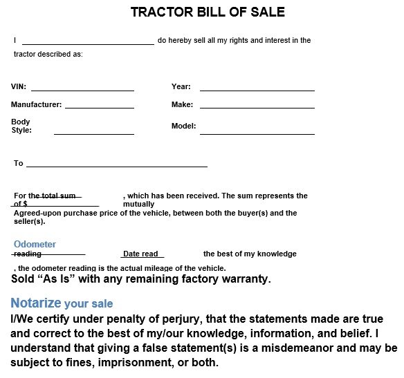 printable tractor bill of sale form