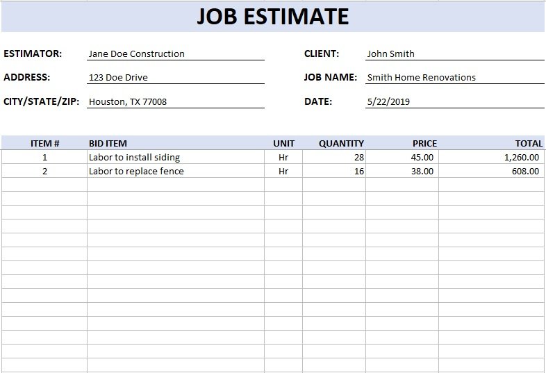 free construction estimate template 4